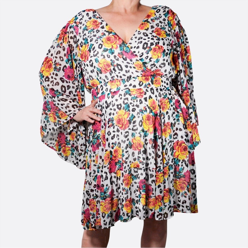 Betsey Johnson Torrid Leopard Floral Bell Sleeve Wrap Dress Plus 1X Art To Wear